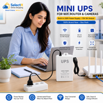A woman at a desk uses a laptop while a Selectit Mini UPS supplies power to a white router and other devices. The image includes promotional text highlighting the UPS features and benefits.