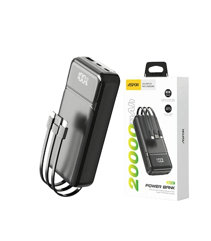 ASPOR A316 Power Bank 20000mAh black fast charging with built-in cable