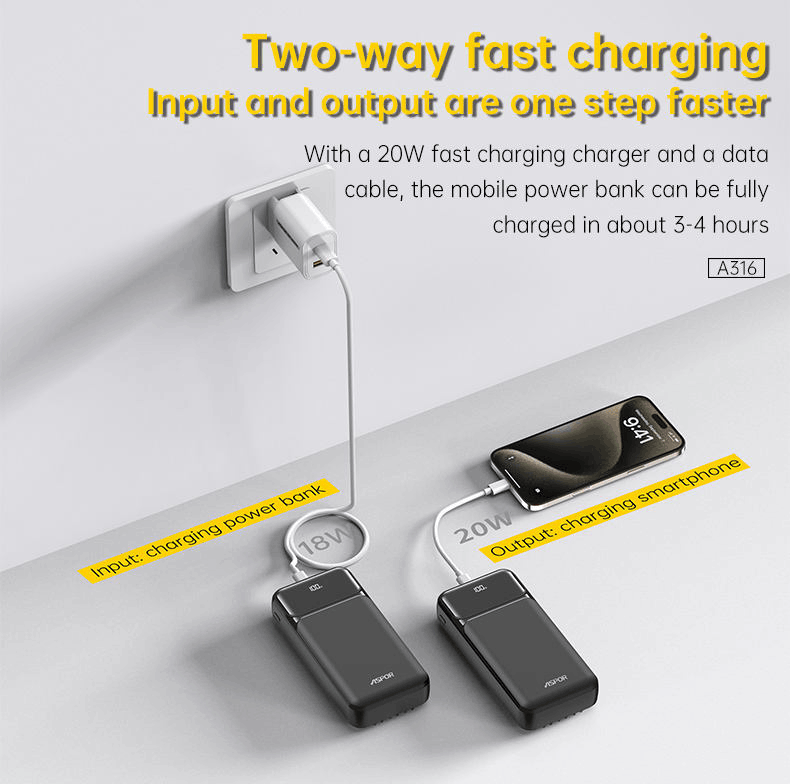 ASPOR A316 20000mAh 22.5W fast charging power bank with built-in cable black portable charger for iPhone and Android devices