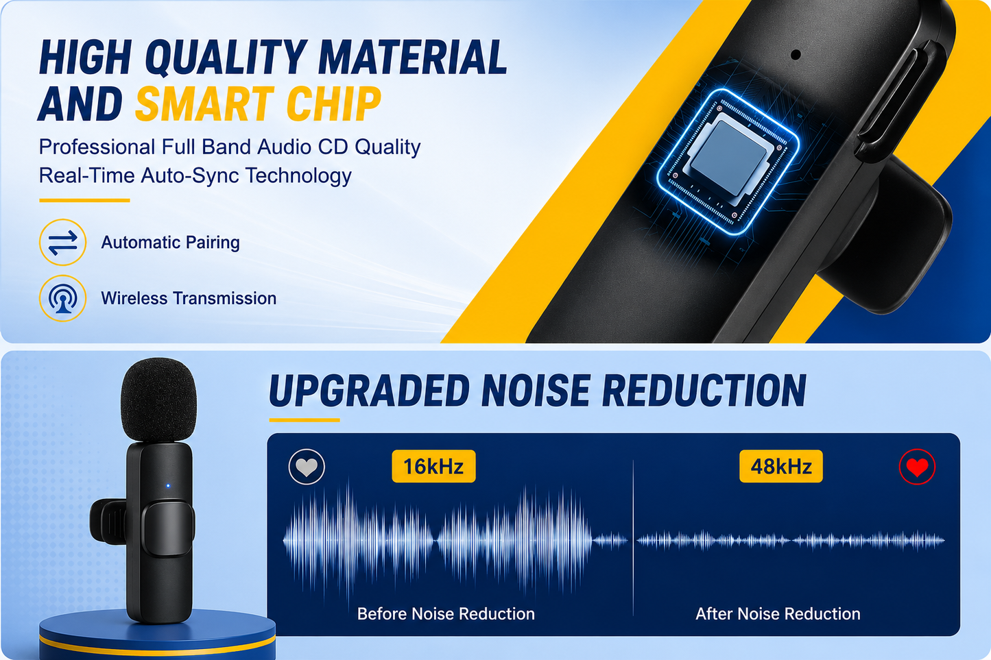 K11 2-in-1 Wireless Lavalier Microphone with Lightning and USB Type-C support.