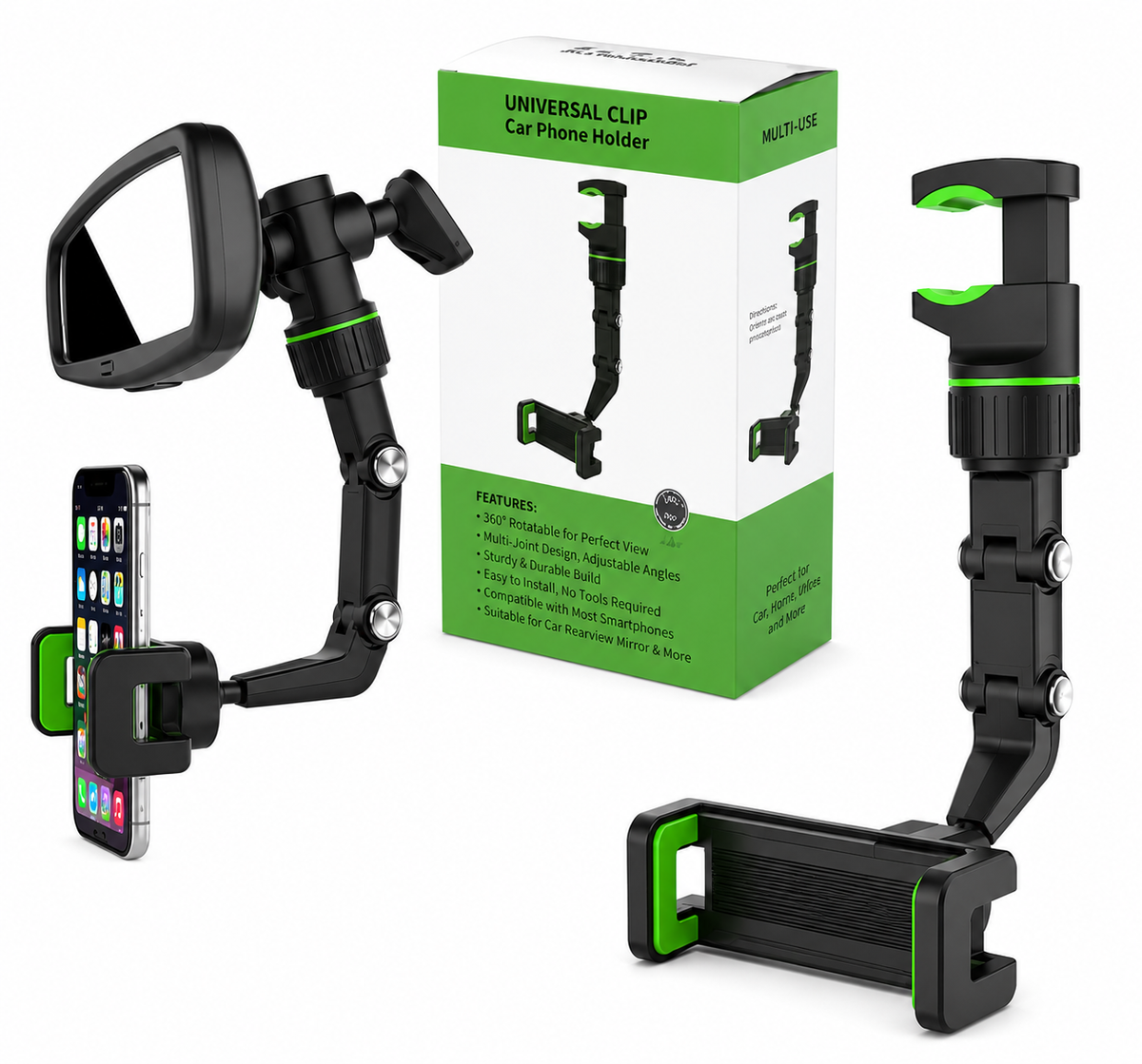 Universal 360° Rotatable Mobile Phone Holder | Multi-Joint Clip Mount for Car Rearview Mirror