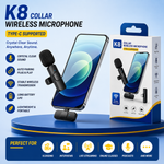 K8 Wireless Lavalier Microphone with USB Type-C receiver and clip-on design for Android devices and content creation