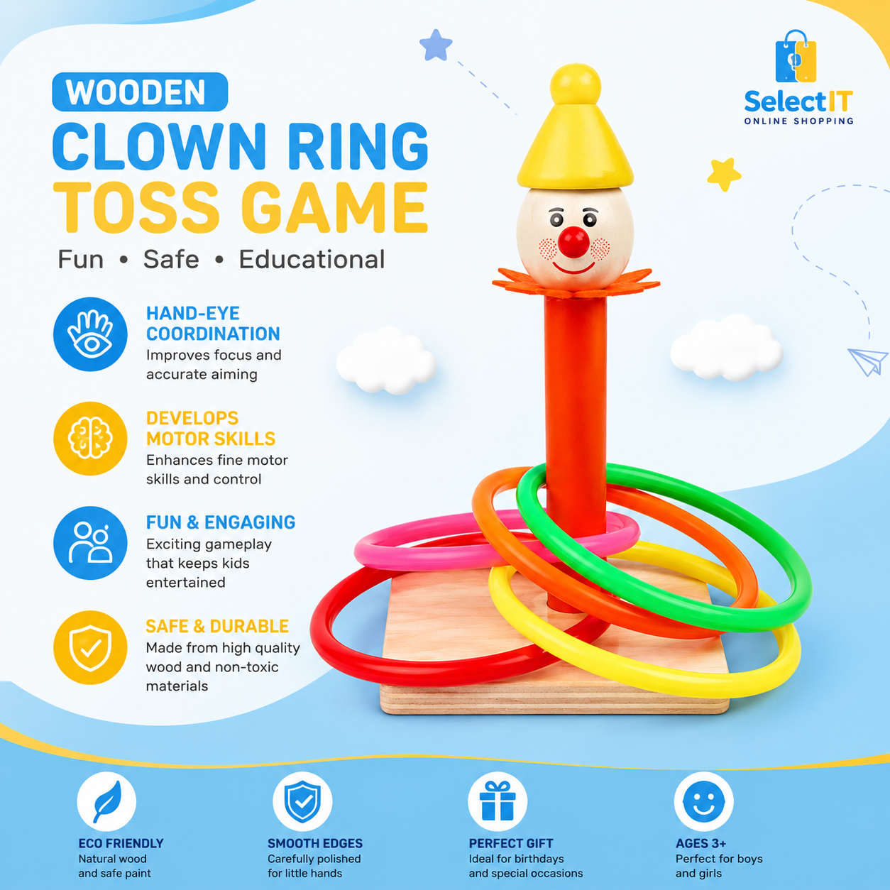 Wooden Clown Ring Toss Game | Montessori Educational Toy