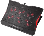 XTRIKE ME FN811 laptop cooling pad with 6 fans, adjustable RGB lighting, dual USB ports, and ergonomic stand in red