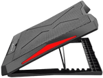 XTRIKE ME FN811 laptop cooling pad with 6 fans, adjustable RGB lighting, dual USB ports, and ergonomic stand in red