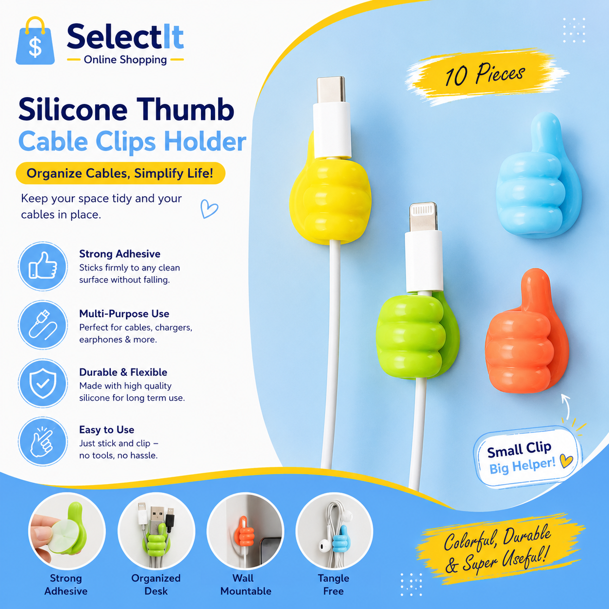 10-Piece Silicone Cable Clips Holder | Multifunctional Thumb Wire Organizer for Desk, Wall & Office
