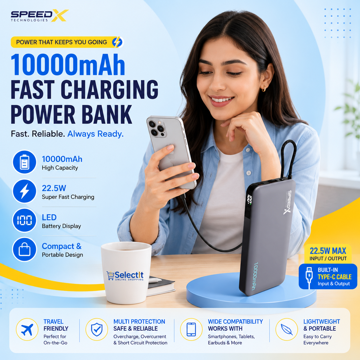 Speed-X SP-S185 10000mAh 22.5W Super Fast Charging Power Bank