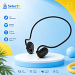 Black over-ear wireless earbuds with a connecting band, displayed on a white and blue pedestal against a light blue background with product feature icons and the SelectIt Online Shopping logo.