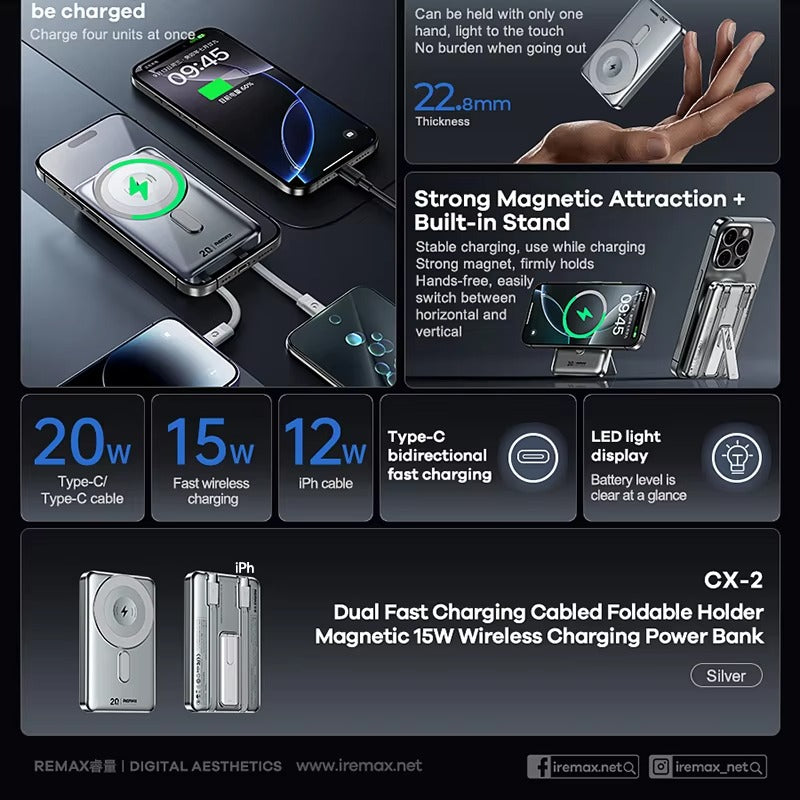 Remax CX-2 10000mAh 15W Magnetic Wireless Power Bank with Foldable Stand Silver