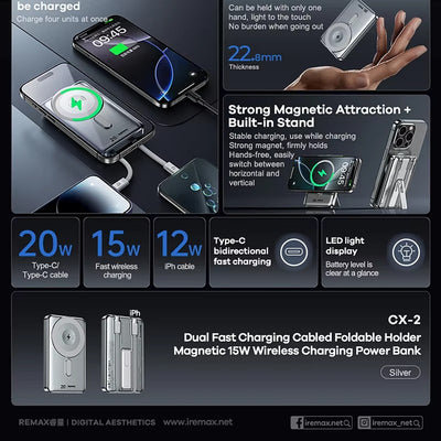 Remax CX-2 10000mAh 15W Magnetic Wireless Power Bank with Foldable Stand Silver