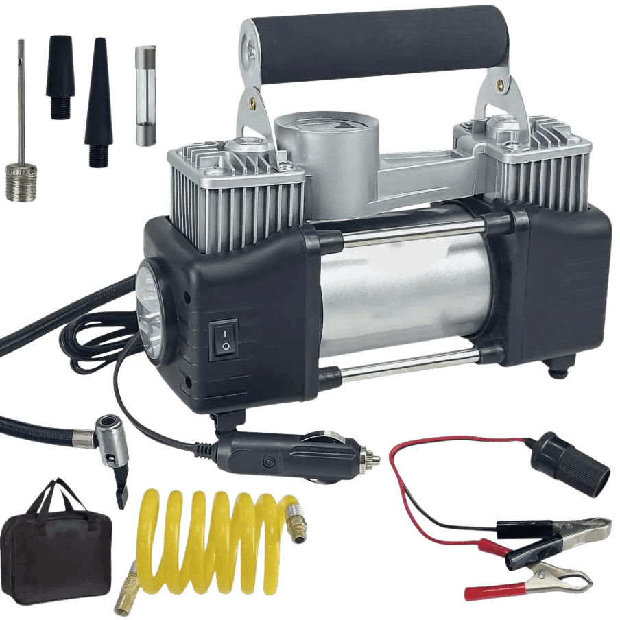 12V Dual Cylinder air compressor pump with pressure gauge for car tire inflation up to 150 PSI