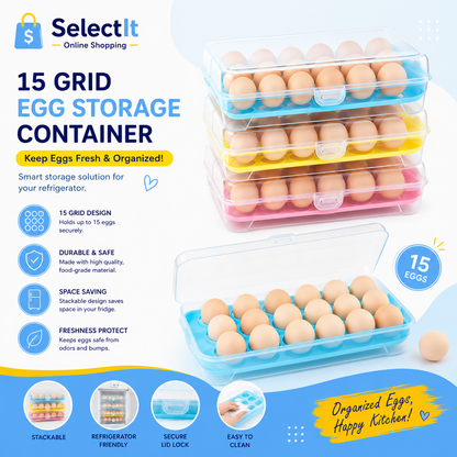 15 Grid Egg Storage Container with Lid | Refrigerator Egg Organizer Box for 15 Eggs
