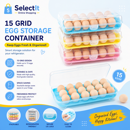 15 Grid Egg Storage Container with Lid | Refrigerator Egg Organizer Box for 15 Eggs
