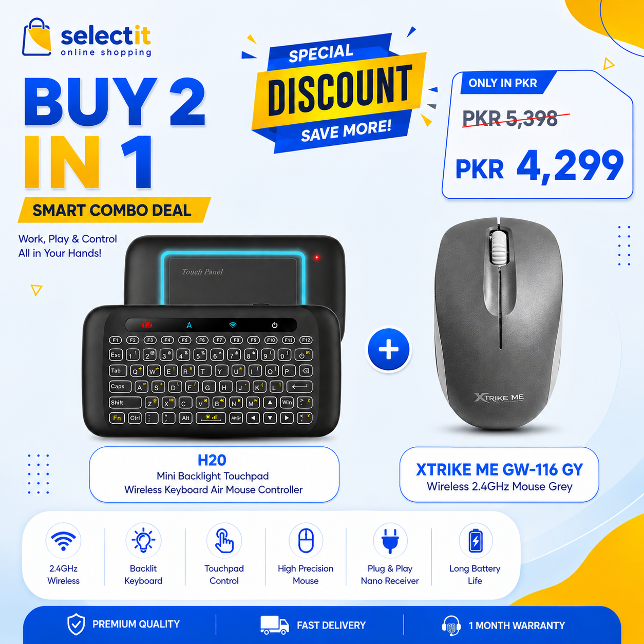 Wireless Keyboard & Mouse Combo | H20 Backlit Air Mouse Touchpad + XTRIKE ME GW-116 2.4GHz Wireless Mouse