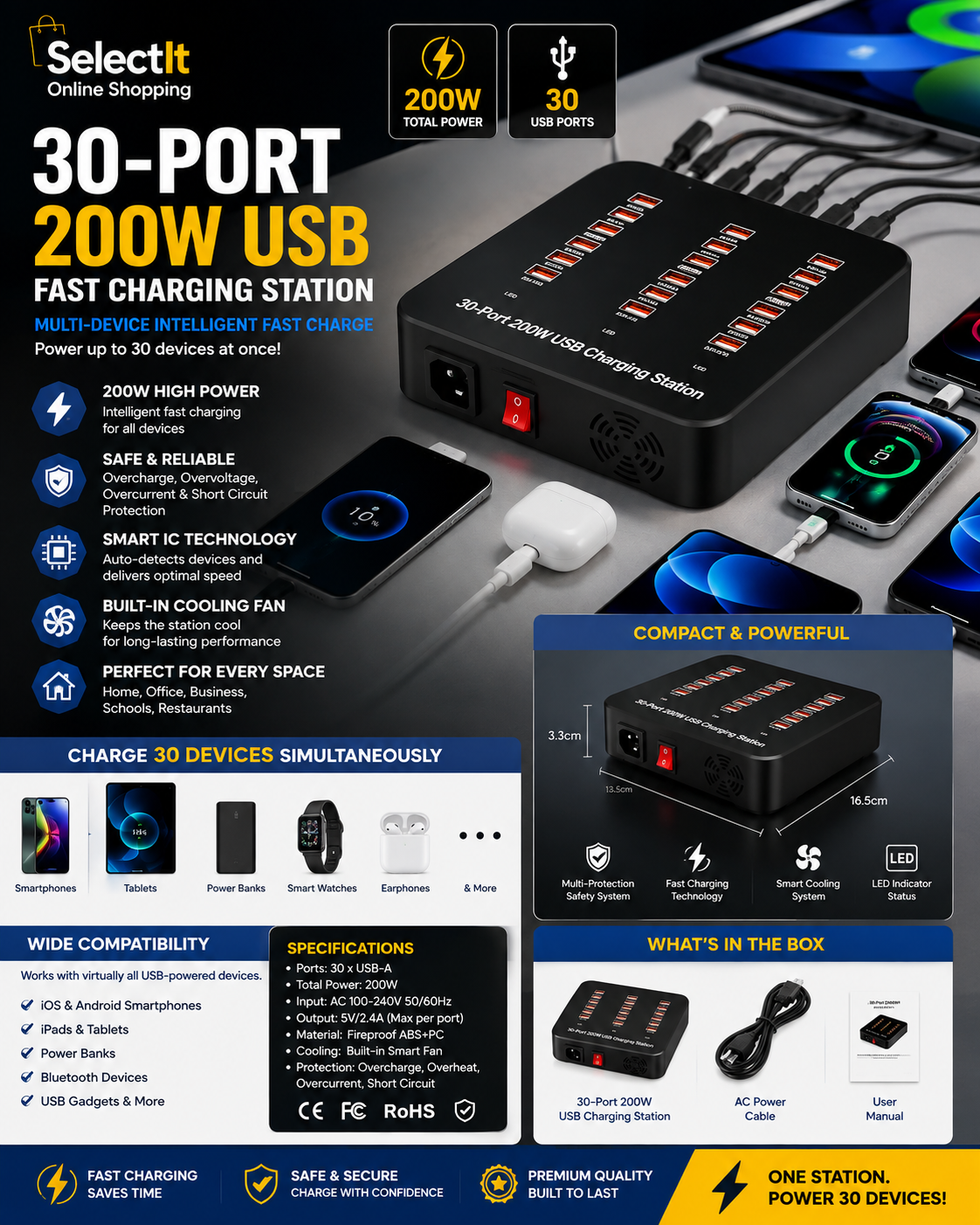 200W multi-device USB charging station
