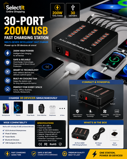 200W multi-device USB charging station
