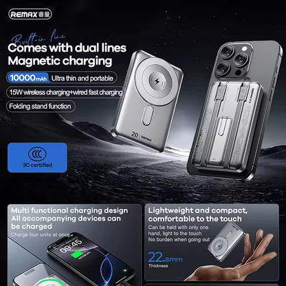 Remax CX-2 10000mAh 15W Magnetic Wireless Power Bank with Foldable Stand Silver