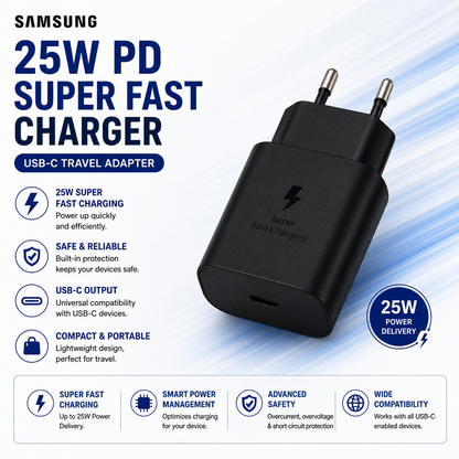 Samsung 25W PD Super Fast Charger USB-C Adapter EU Pin for Galaxy S24, S23, S22 & Type-C Devices