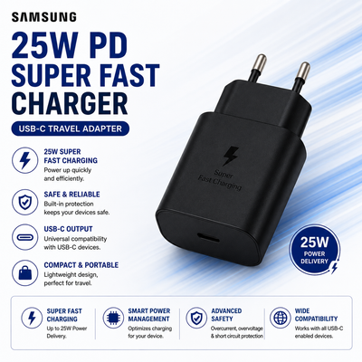 Samsung 25W PD Super Fast Charger USB-C Adapter EU Pin for Galaxy S24, S23, S22 & Type-C Devices