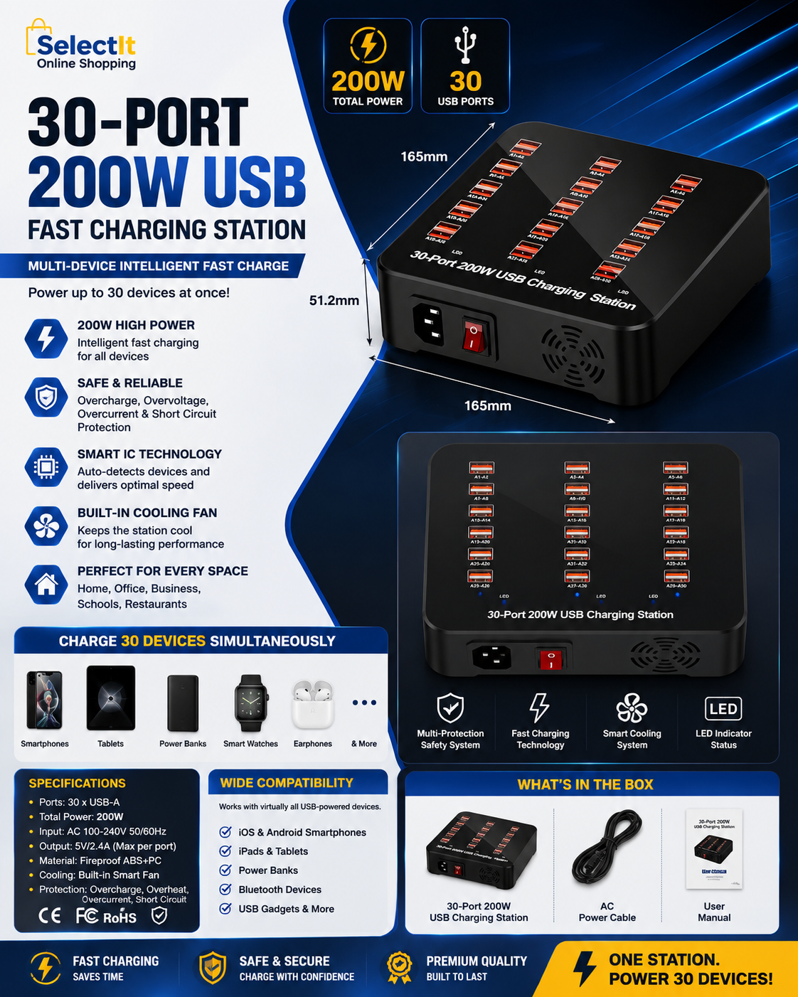 30 port USB fast charger for office and home
