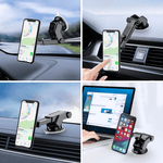 360° universal magnetic phone holder with suction cup mounted on car dashboard holding smartphone