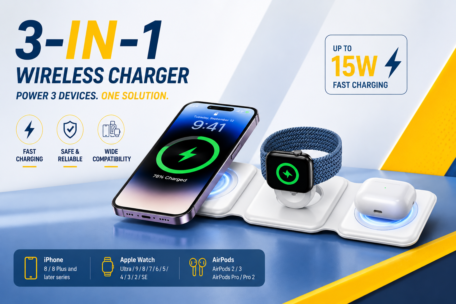 3 in 1 15W fast wireless magnetic charging pad for iPhone AirPods and smartwatch