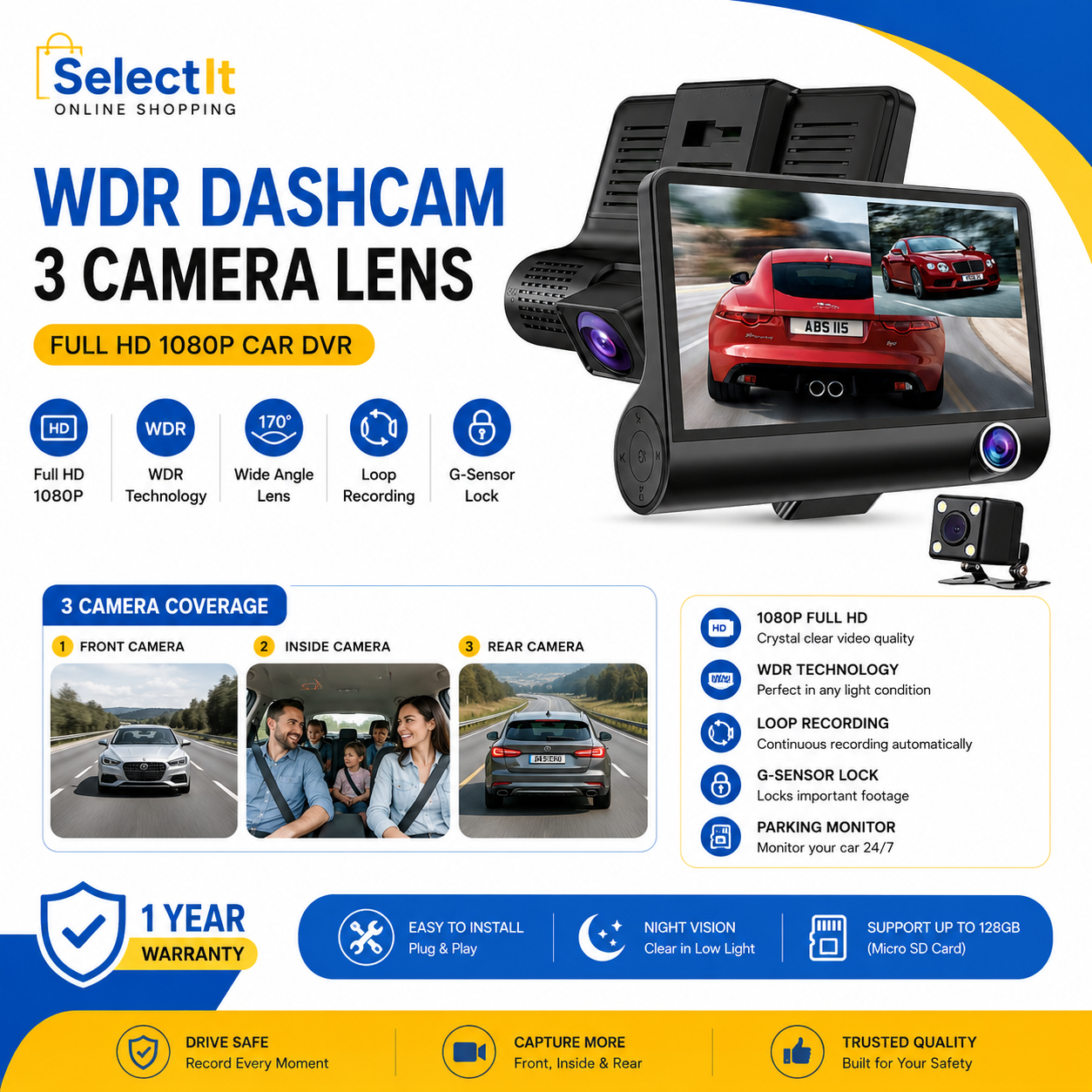 3 lens WDR car dash camera Full HD 1080P
