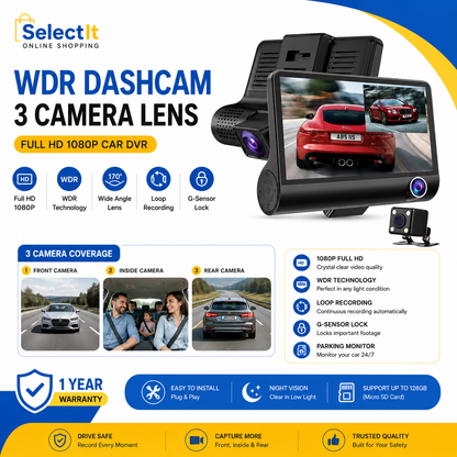 3 lens WDR car dash camera Full HD 1080P
