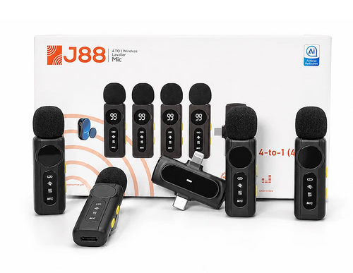 J88 4-in-1 Wireless Lavalier Microphone Set with Noise Reduction & Display - 4 Microphones Digital Display & Noise Reduction