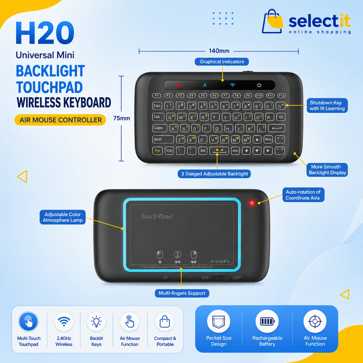 Wireless Keyboard & Mouse Combo | H20 Backlit Air Mouse Touchpad + XTRIKE ME GW-116 2.4GHz Wireless Mouse