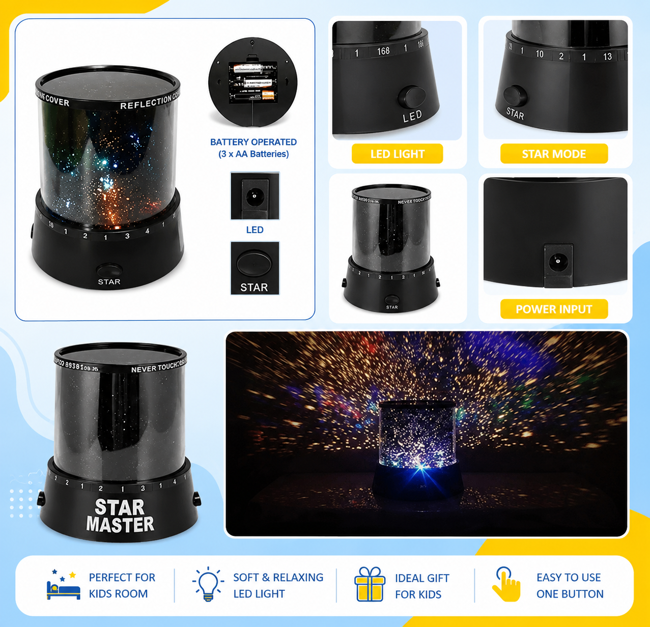 4 LED Moon Star Projection Night Light | H-28305 Kids Bedroom Projector Lamp