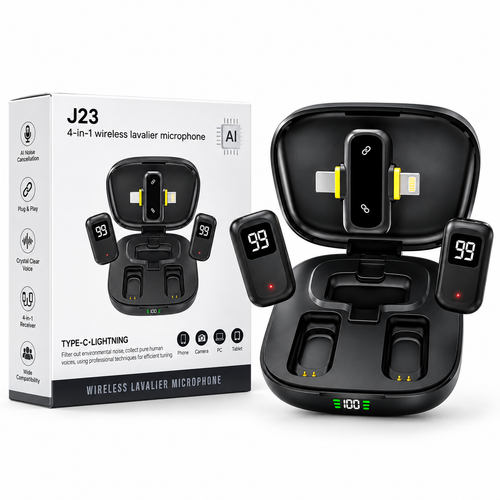 J23 Dual Wireless Lavalier Microphone – 2 Mic Set for Interviews & Vlogging - for iPhone & Android – AI Noise Cancellation with Charging Case