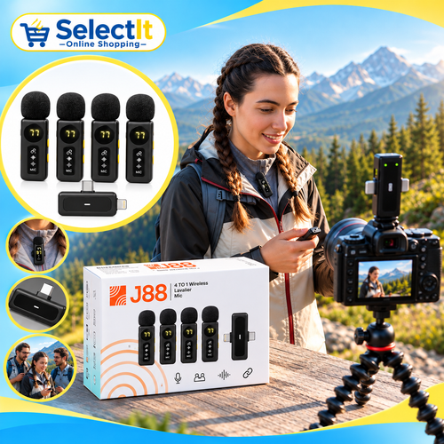 J88 4-in-1 Wireless Lavalier Microphone Set with Noise Reduction & Display - 4 Microphones Digital Display & Noise Reduction