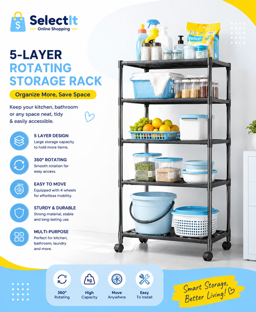5-Layer Rotating Kitchen Storage Rack | Multi-Layer Vegetable & Fruit Organizer with Wheels (Rectangle)