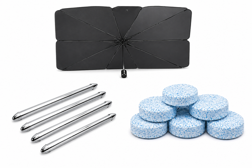 Premium Bundle Ultimate Car Care Essentials - Windshield Sun Shade, Car Bumper Protector & Washer Cleaning Tablets (Discount Deal 1)