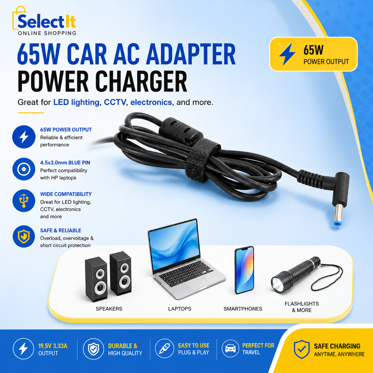 65W HP LAPTOP CAR CHARGER 4.5X3.0MM 19.5V 3.33A BLUE PIN WITH USB PORT