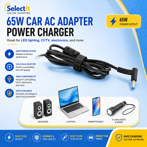 65W HP Laptop Car Charger 4.5×3.0mm Blue Pin | 19.5V 3.33A DC Car Adapter with USB Port