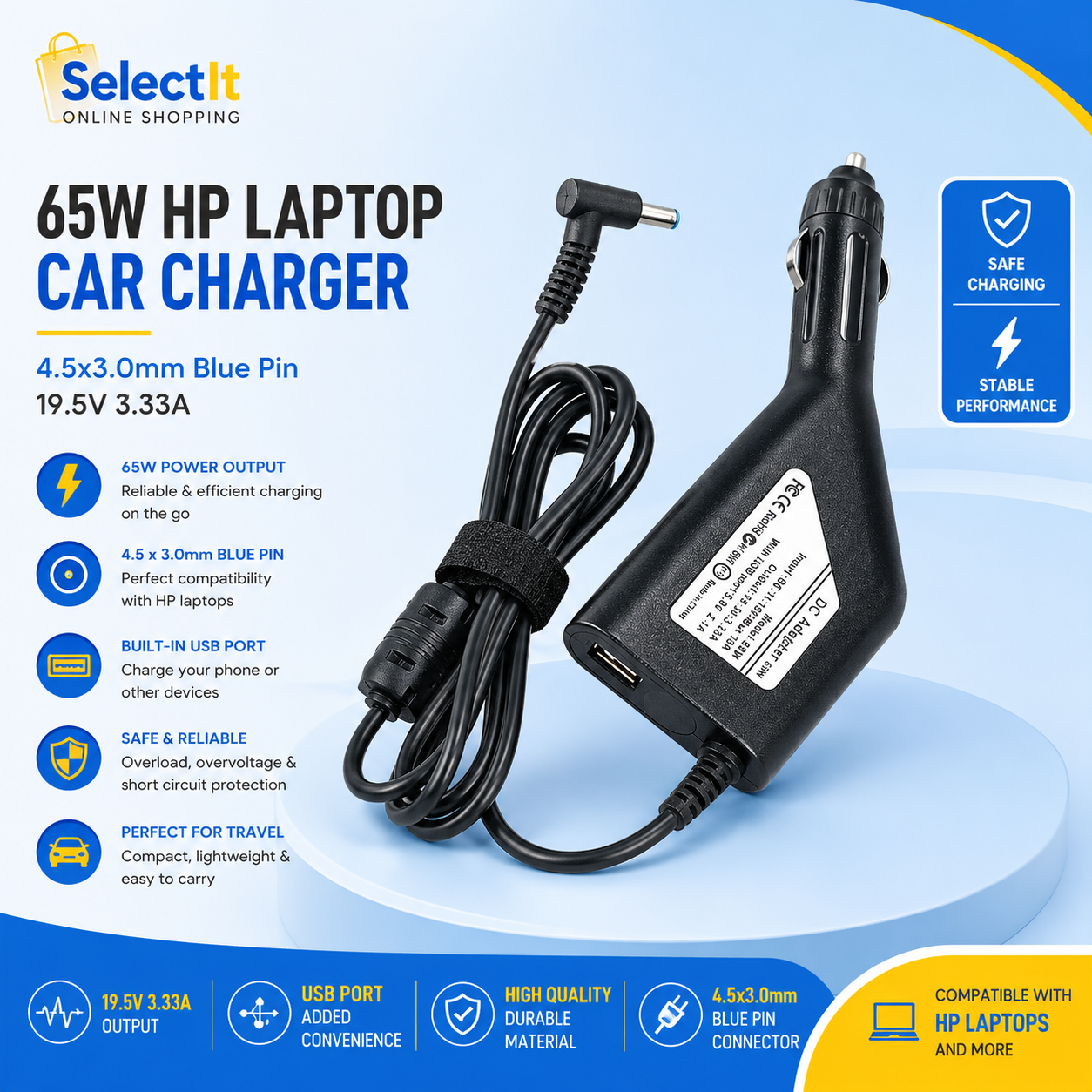 65W HP Laptop Car Charger 4.5×3.0mm Blue Pin with USB Port for HP Laptops