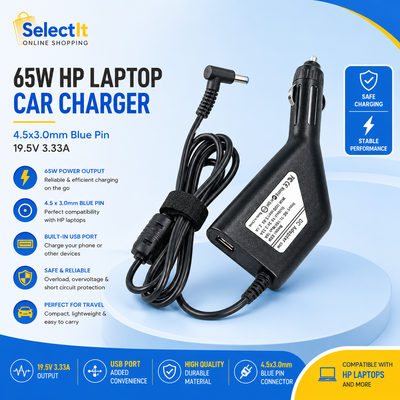 65W HP Laptop Car Charger 4.5×3.0mm Blue Pin | 19.5V 3.33A DC Car Adapter with USB Port