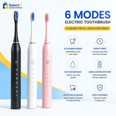 6 Modes Electric Toothbrush | USB Rechargeable Sonic Toothbrush with 3 Brush Heads for Adults & Kids