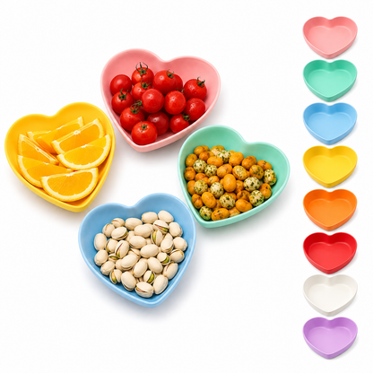 8-Piece Colorful Plastic Snack Plate Set | Microwave Safe Round, Square & Heart Serving Plate heart