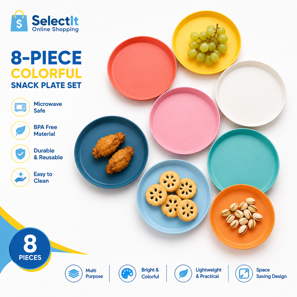 8-Piece Colorful Plastic Snack Plate Set | Microwave Safe Round, Square & Heart Serving Plates round