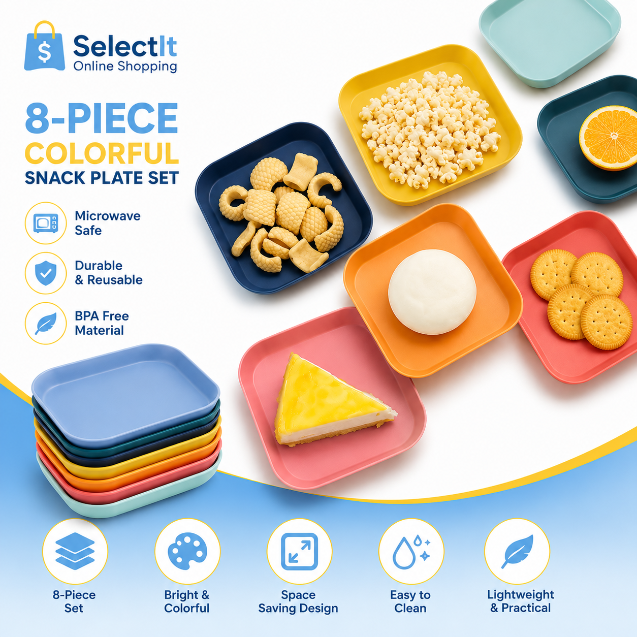 8-Piece Colorful Plastic Snack Plate Set | Microwave Safe Round, Square & Heart Serving Plates square