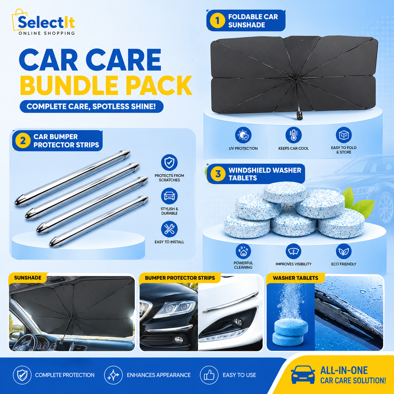 Premium Bundle Ultimate Car Care Essentials - Windshield Sun Shade, Car Bumper Protector & Washer Cleaning Tablets (Discount Deal 1)