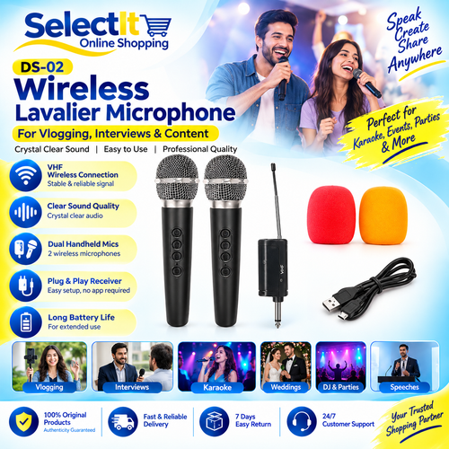 Wireless Lavalier Microphone System for Vlogging, Interviews & Content - DS02 Wireless Microphone, 2Pcs VHF Microphone with Receiver, Dual Handheld Wireless Dynamic Mic System for Karaoke Singing, Wedding, DJ, Party, Speech
