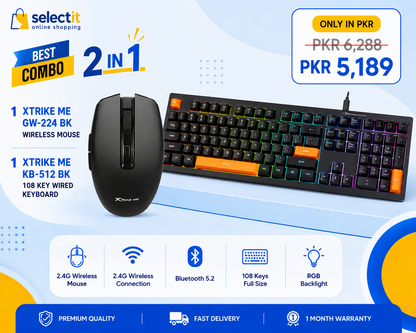 XTRIKE ME Wireless Mouse & Mechanical Feel Keyboard Combo | GW-224 BK Bluetooth Mouse + KB-512 BK 108-Key Keyboard