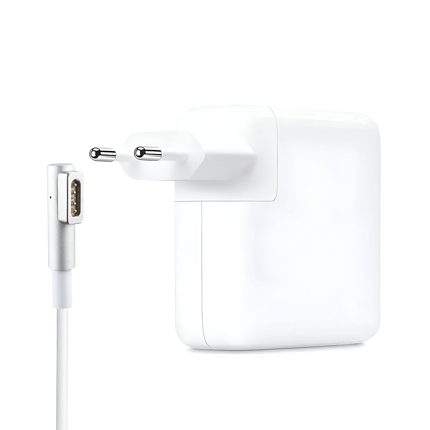 White Apple MagSafe-compatible power adapter with a two-pin European plug and a white cable, shown on a clean white background.