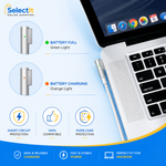 A SelectIt battery charger for MacBook shown on a light blue and dark blue promotional graphic. The charger is white with a small green light indicating battery full and an orange light indicating battery charging.