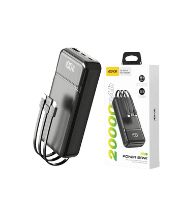 ASPOR A316 20000mAh 22.5W Fast Charging Power Bank with Built-in Cable Black