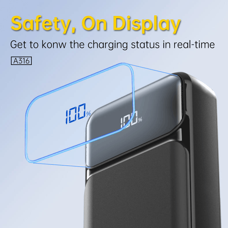 ASPOR A316 20000mAh 22.5W fast charging power bank with built-in cable black portable charger for iPhone and Android devices